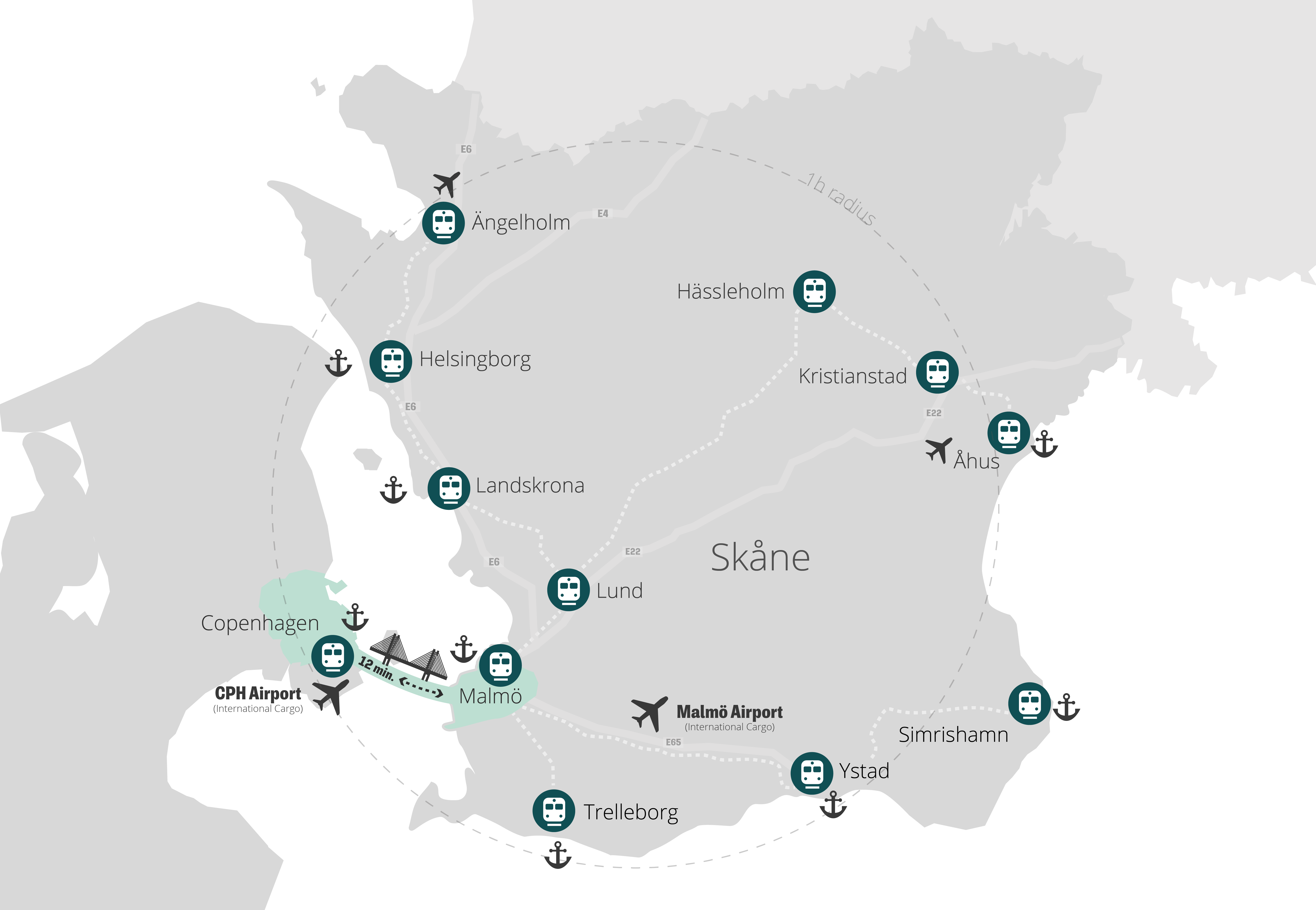 Graphical map of the transport infrastructure in the Skåne region