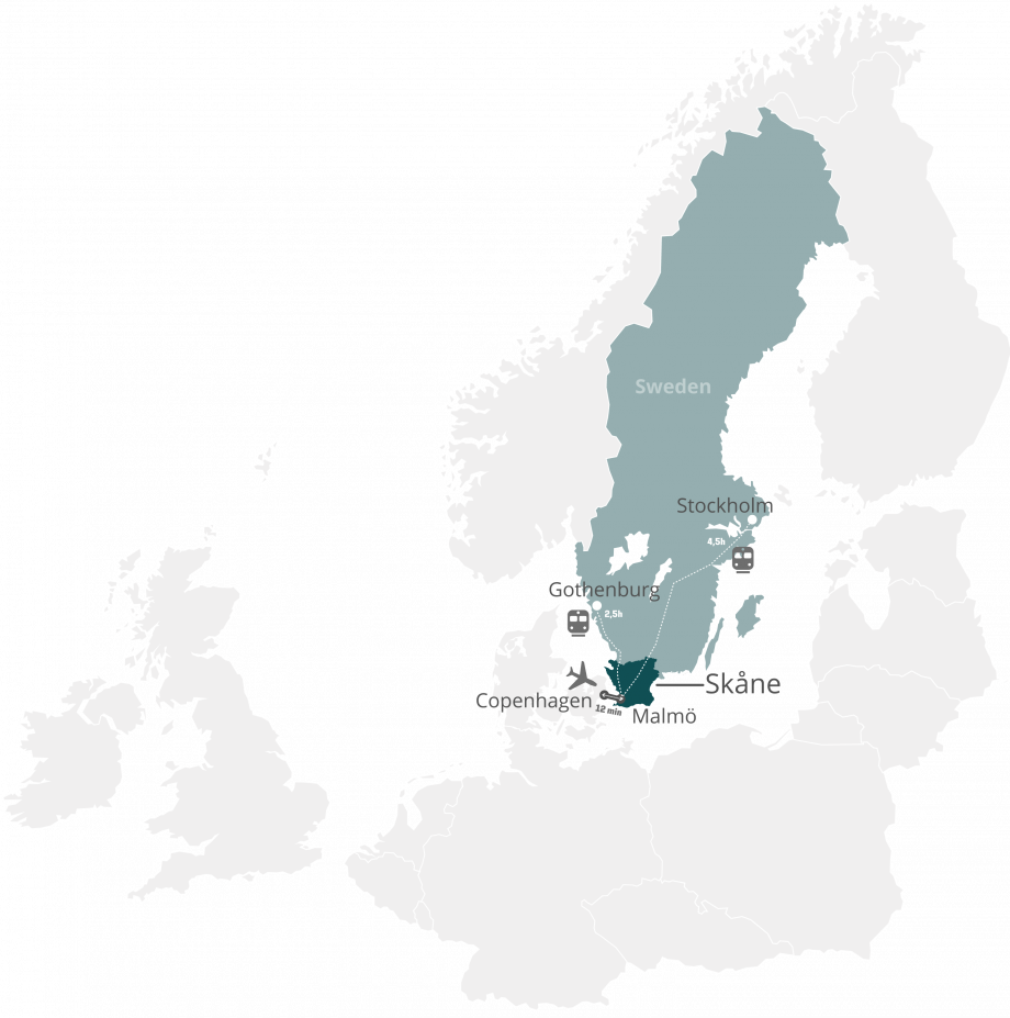 Graphical map showing the distans between Copenhagen, Malmö, Gothenburg and Stockholmm