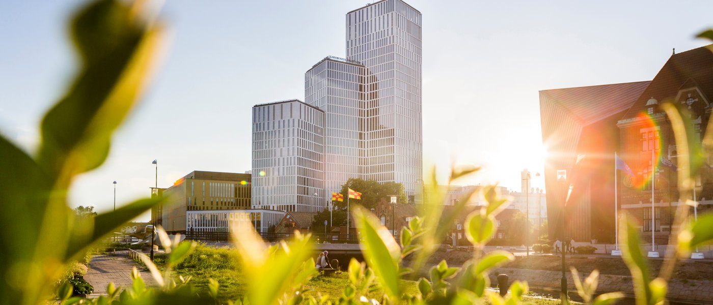 The Malmö Live building by sunset