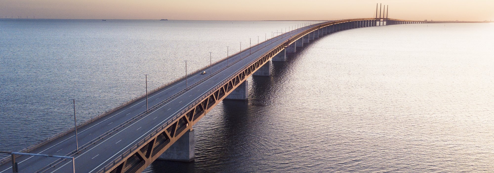 The Oresundbridge seen from above in the sunset