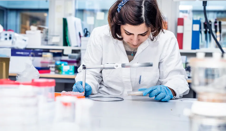female scientist looking throuh a magnifier