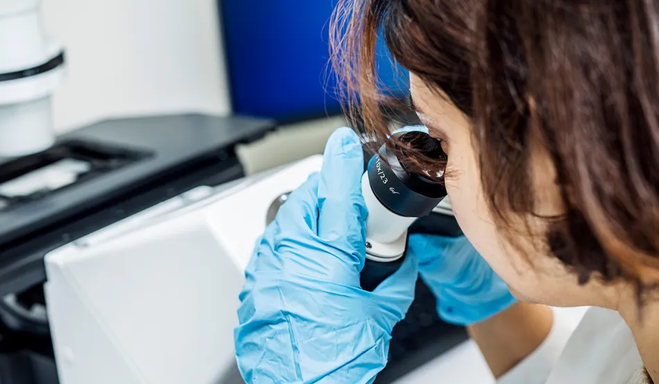 Woman looks through a microscope