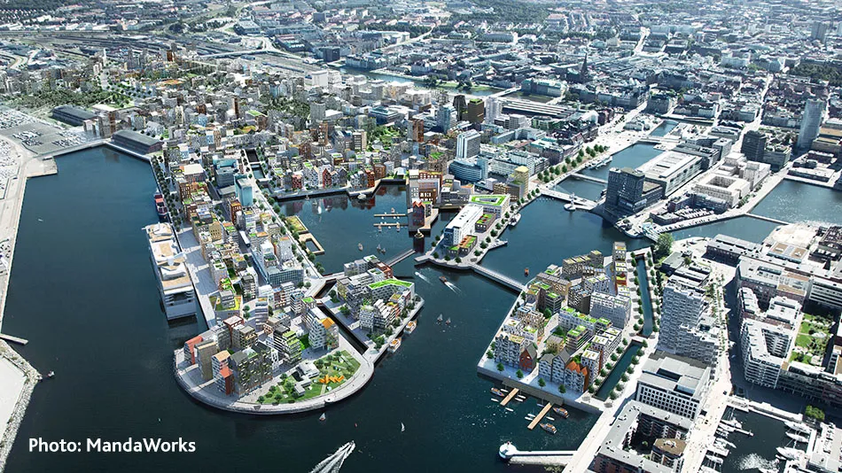 A 3D-rendered image of a harbour